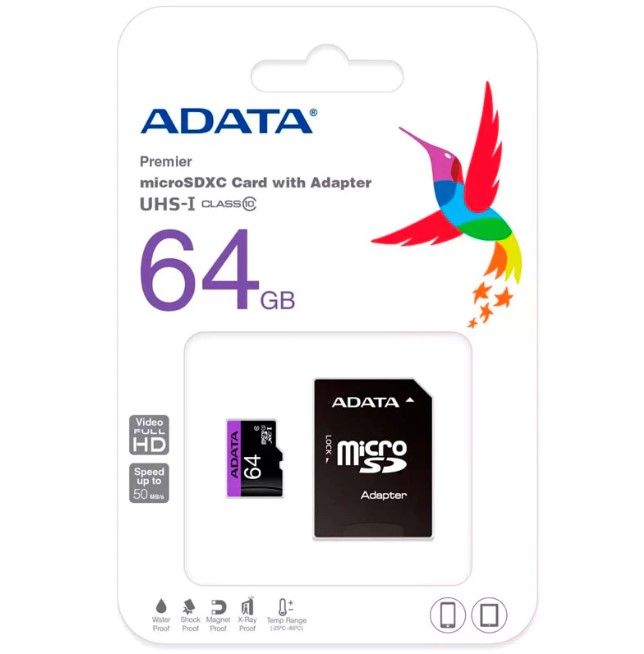 Memoria Micro SD ADATA UHS-I U1, 64 GB, 30 MB/s, 10 MB/s, Negro
