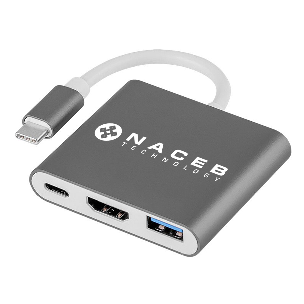 Adaptador Tipo C a HDMI + USB 3.0 + PD Naceb Technology NA-0111, Plata, USB C, HDMI + USB 3.0 + PD