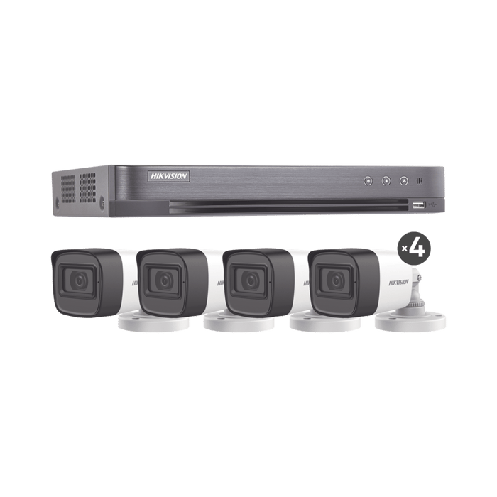  (MICRÓFONO INTEGRADO) KIT TURBOHD 5 Megapixel / DVR 4 Canales / 4 Cámaras Bala con Micrófono Integrado (exterior 2.8 mm) / Fuente de Poder / Accesorios de Instalación