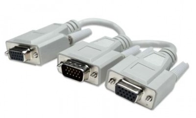 328302 Cable Y para VGA, Conecta una fuente VGA a dos cables de monitor VGA, Longitud 15cm, Color Gris.