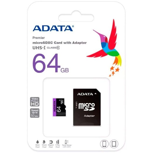 Memoria Micro SD ADATA UHS-I U1, 64 GB, 30 MB/s, 10 MB/s, Negro