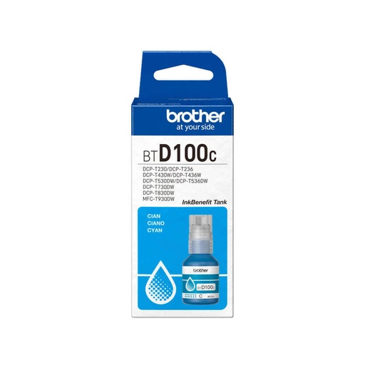 Botella de tinta Brother BTD100C cian, rendimiento aproximado 5,000 páginas, compatible con DCPT230, DCPT530DW, DCPT730DW, MFCT930DW
