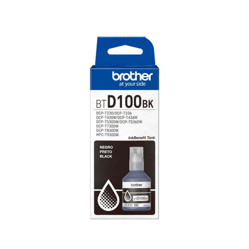 Botella de tinta Brother BTD100BK negro, rendimiento aproximado 7,500 páginas, compatible con DCPT230, DCPT530DW, DCPT730DW, MFCT930DW
