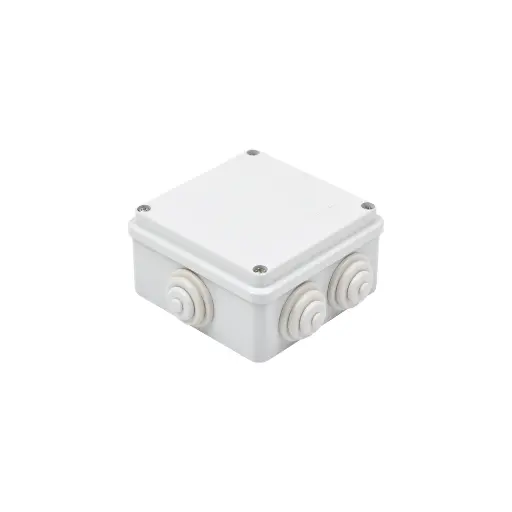 Caja de derivación de PVC Auto-extinguible con 6 entradas, tapa atornillada, 100x100x50 MM, (Medidas internas, mayor área permisible para e cable, Para exterior (IP55)