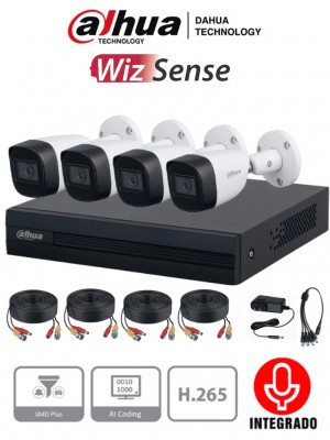 DAHUA KIT XVR1B04-I+HFW1200CMA- Kit de 4 Canales de 2 Megapixeles con Audio/ DVR Cooper-I WizSense/ H.265+/ 4 Camaras Metalicas con Microfono Integrado