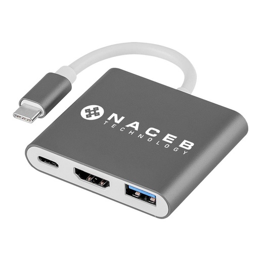 Adaptador Tipo C a HDMI + USB 3.0 + PD Naceb Technology NA-0111, Plata, USB C, HDMI + USB 3.0 + PD
